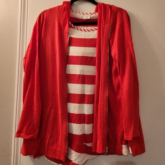 Red Beachcomber Zip Front Hoodie Sweater and Stripe Asymmetrical Carousel Tank - Picture 1 of 6